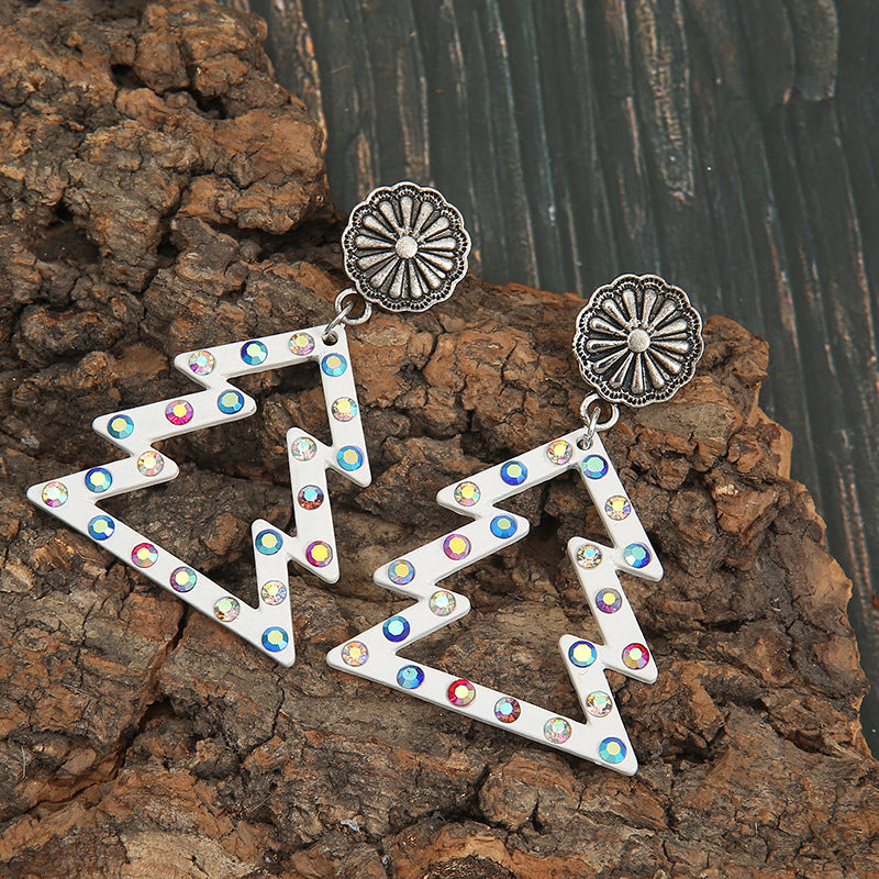 Wholesale Western Style Christmas Color Diamond Hollow White Christmas Tree Earrings